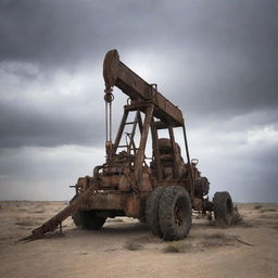 An old, weather-beaten oil pulling rig under a dusty and eerie sky, casting an ominous and unsettling atmosphere.