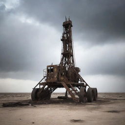 An old, weather-beaten oil pulling rig under a dusty and eerie sky, casting an ominous and unsettling atmosphere.