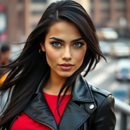 A stylish portrait of a confident young woman with long, flowing black hair and striking green eyes