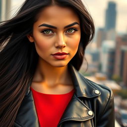 A stylish portrait of a confident young woman with long, flowing black hair and striking green eyes