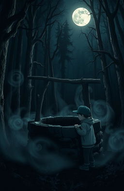 A creepy well located in a dense, dark forest at night