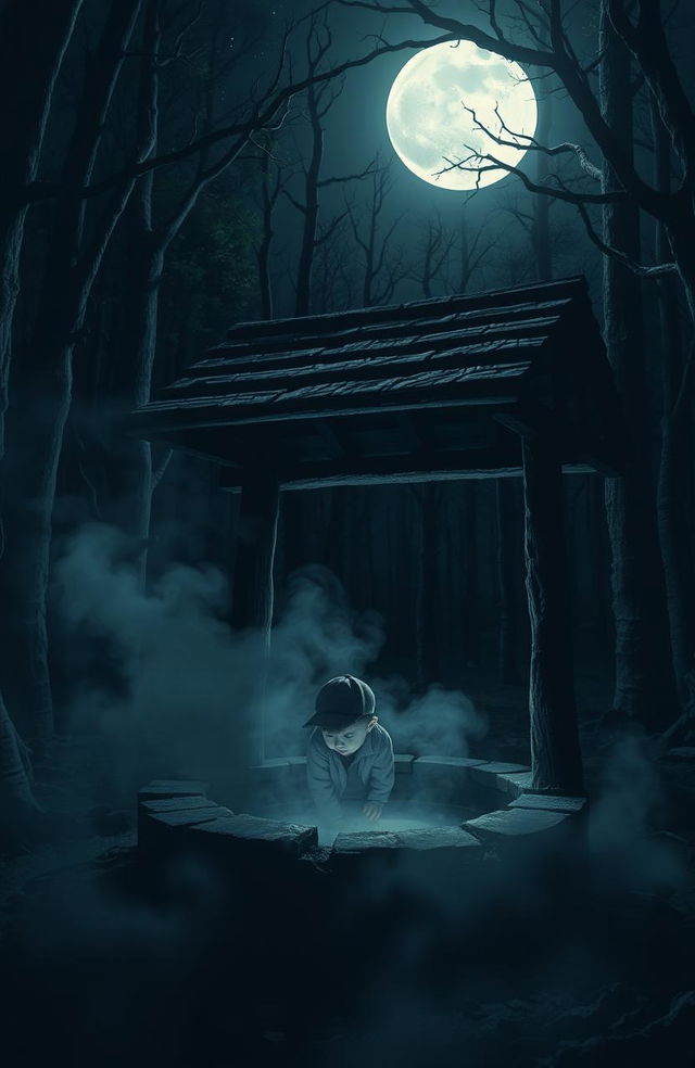 A creepy well located in a dense, dark forest at night