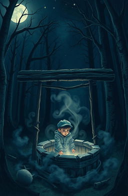 A creepy well located in a dense, dark forest at night
