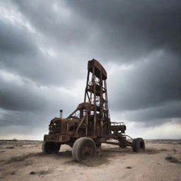 An old, weather-beaten oil pulling rig under a dusty and eerie sky, casting an ominous and unsettling atmosphere.