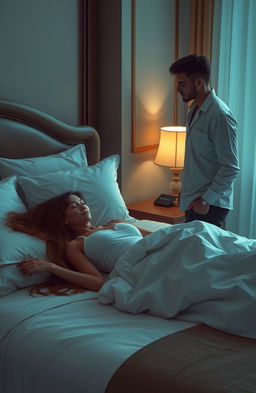 A passionate and intimate scene depicting a romantic encounter in a hotel room