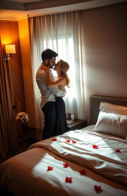 A romantic scene inside a cozy hotel room, capturing the intimate moment of two lovers embracing each other passionately