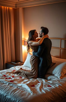 A romantic scene inside a cozy hotel room, capturing the intimate moment of two lovers embracing each other passionately