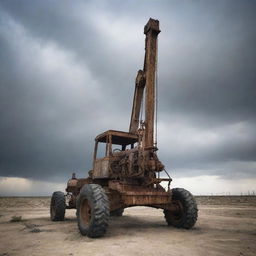 An old, weather-beaten oil pulling rig under a dusty and eerie sky, casting an ominous and unsettling atmosphere.