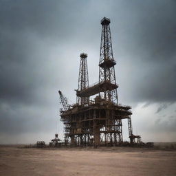 An old oil rig standing tall under a dusty and eerie sky, exuding an ominous and unsettling atmosphere.