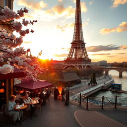 A picturesque view of France, showcasing the Eiffel Tower bathed in a golden sunset, surrounded by blooming cherry blossoms in spring