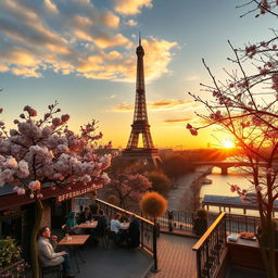 A picturesque view of France, showcasing the Eiffel Tower bathed in a golden sunset, surrounded by blooming cherry blossoms in spring