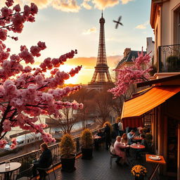 A picturesque view of France, showcasing the Eiffel Tower bathed in a golden sunset, surrounded by blooming cherry blossoms in spring