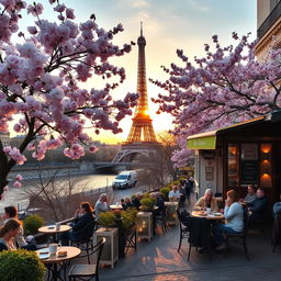 A picturesque view of France, showcasing the Eiffel Tower bathed in a golden sunset, surrounded by blooming cherry blossoms in spring