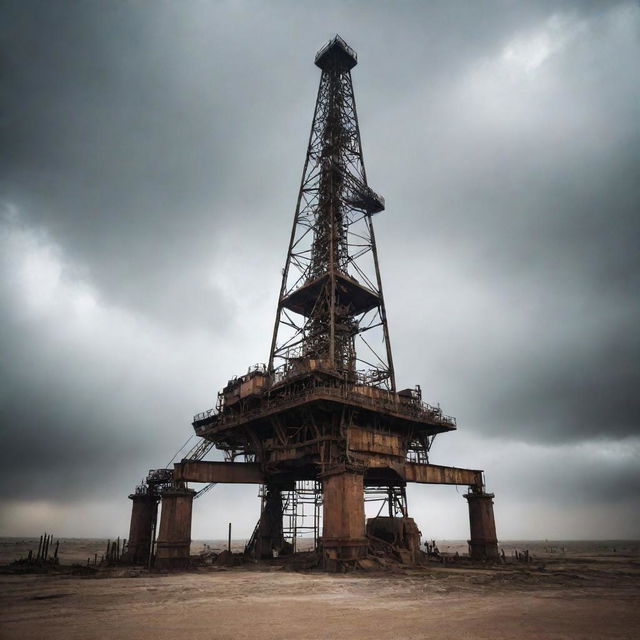 An old oil rig standing tall under a dusty and eerie sky, exuding an ominous and unsettling atmosphere.