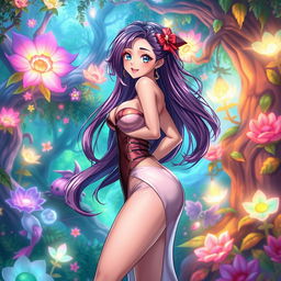 A vibrant, colorful anime scene featuring a fantastical setting with intricate details