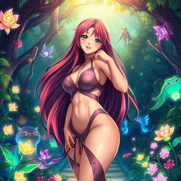A vibrant, colorful anime scene featuring a fantastical setting with intricate details