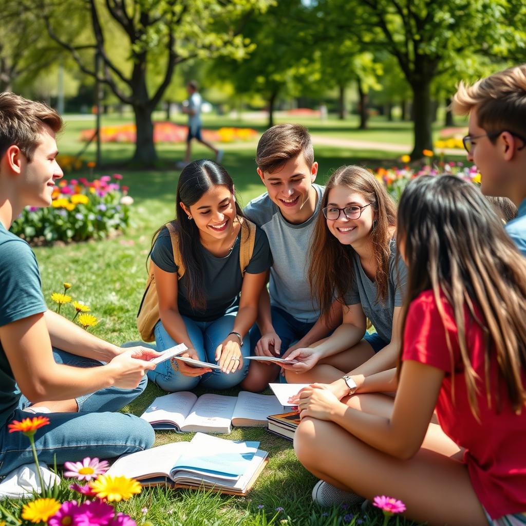 A group of motivated and inspired teenagers brainstorming in a sunny park, surrounded by nature and colorful flowers