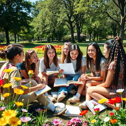 A group of motivated and inspired teenagers brainstorming in a sunny park, surrounded by nature and colorful flowers