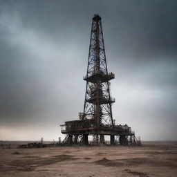 An old oil rig standing tall under a dusty and eerie sky, exuding an ominous and unsettling atmosphere.