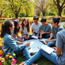 A group of motivated and inspired teenagers brainstorming in a sunny park, surrounded by nature and colorful flowers