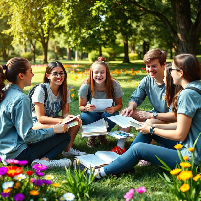 A group of motivated and inspired teenagers brainstorming in a sunny park, surrounded by nature and colorful flowers