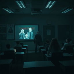 A suspenseful horror film scene set in a dark, eerie marketing classroom