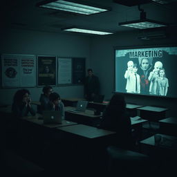 A suspenseful horror film scene set in a dark, eerie marketing classroom
