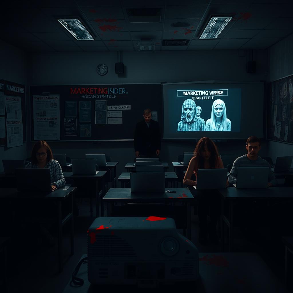 A suspenseful horror film scene set in a dark, eerie marketing classroom