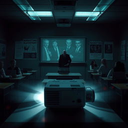 A suspenseful horror film scene set in a dark, eerie marketing classroom