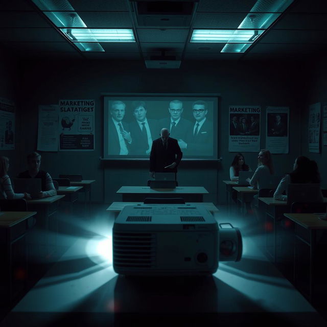 A suspenseful horror film scene set in a dark, eerie marketing classroom