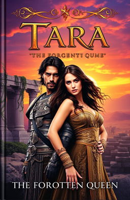 A captivating book cover for 'Tara - The Forgotten Queen', featuring an ancient themed setting