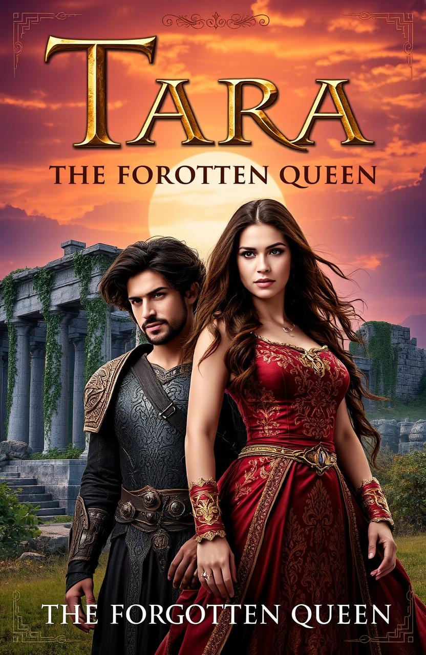 A captivating book cover for 'Tara - The Forgotten Queen', featuring an ancient themed setting