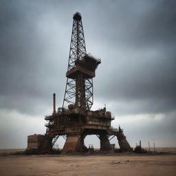 An old oil rig standing tall under a dusty and eerie sky, exuding an ominous and unsettling atmosphere.