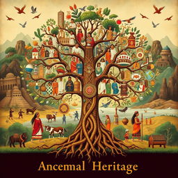 An intricate and vibrant representation of ancestral heritage, showcasing a blend of diverse cultural elements including traditional clothing, artifacts, and symbols from various ancient civilizations around the world