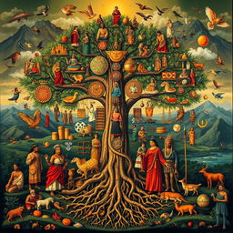 An intricate and vibrant representation of ancestral heritage, showcasing a blend of diverse cultural elements including traditional clothing, artifacts, and symbols from various ancient civilizations around the world