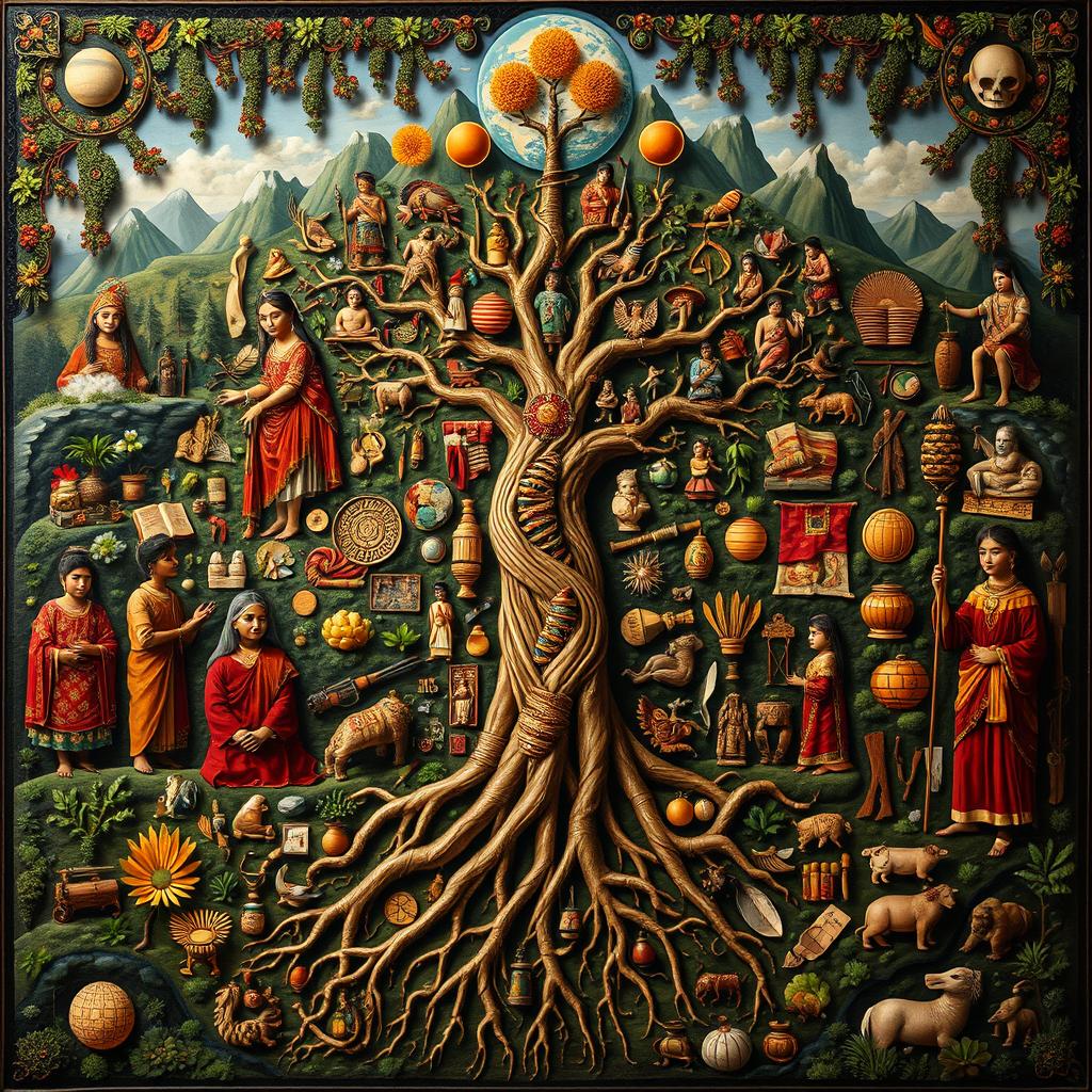 An intricate and vibrant representation of ancestral heritage, showcasing a blend of diverse cultural elements including traditional clothing, artifacts, and symbols from various ancient civilizations around the world