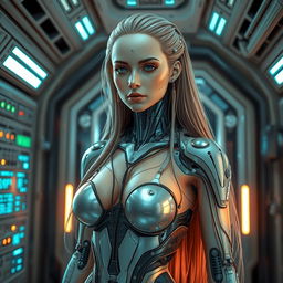 A stunning, beautiful android woman with long flowing hair, intricate electronic elements and sleek cables artfully integrated into her body in an organized manner