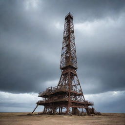 An old and sturdy oil rig, standing lonely under a sky filled with swirling, dusty clouds.