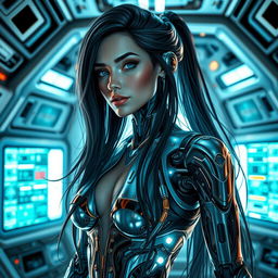 A stunning, beautiful android woman with long flowing hair, intricate electronic elements and sleek cables artfully integrated into her body in an organized manner