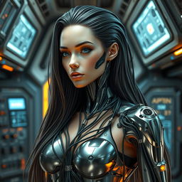 A stunning, beautiful android woman with long flowing hair, intricate electronic elements and sleek cables artfully integrated into her body in an organized manner