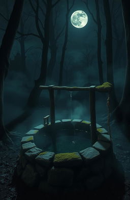 A spooky old well surrounded by dark forest under moonlight
