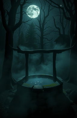 A spooky old well surrounded by dark forest under moonlight