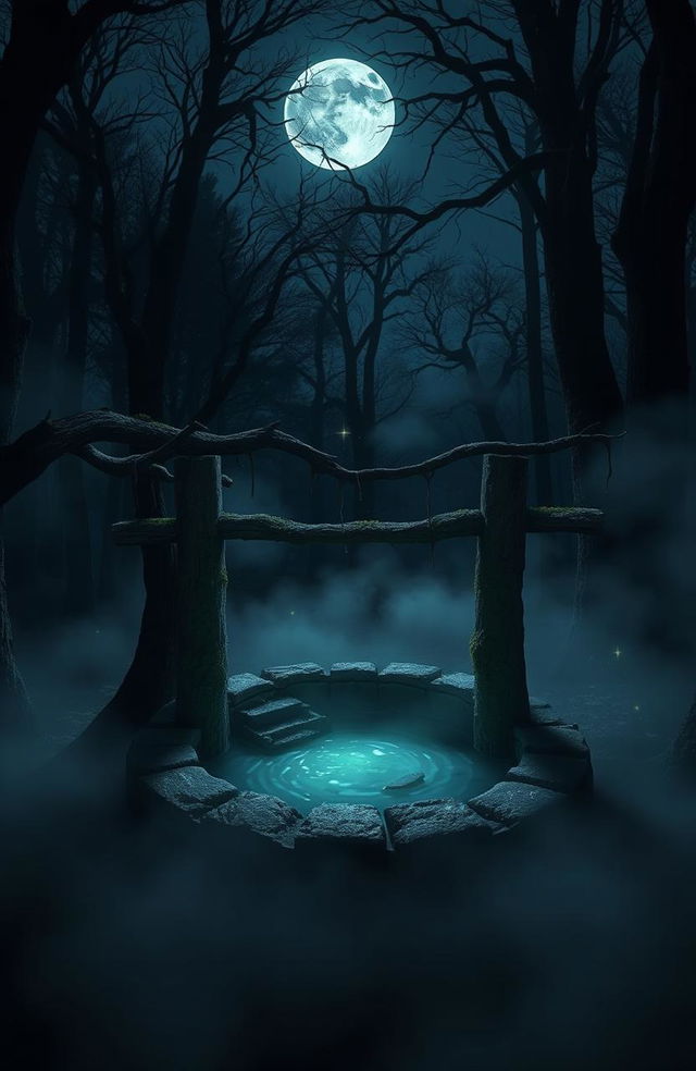 A spooky old well surrounded by dark forest under moonlight