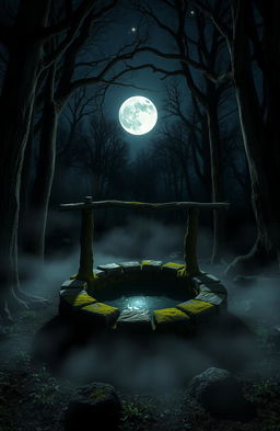 A spooky old well surrounded by dark forest under moonlight