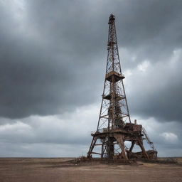 An old and sturdy oil rig, standing lonely under a sky filled with swirling, dusty clouds.