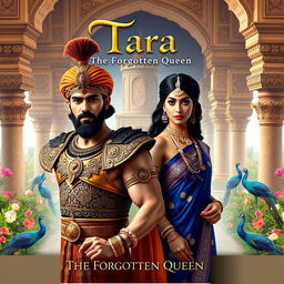 A captivating book cover titled 'Tara - The Forgotten Queen', showcasing a powerful male lead dressed in splendid ancient Indian warrior attire, complete with a richly decorated breastplate and elaborate armor, along with a regal turban adorned with jewels