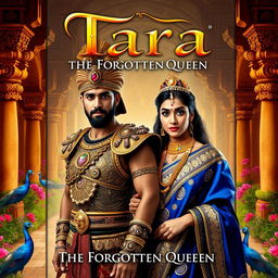 A captivating book cover titled 'Tara - The Forgotten Queen', showcasing a powerful male lead dressed in splendid ancient Indian warrior attire, complete with a richly decorated breastplate and elaborate armor, along with a regal turban adorned with jewels