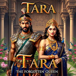 A captivating book cover titled 'Tara - The Forgotten Queen', showcasing a powerful male lead dressed in splendid ancient Indian warrior attire, complete with a richly decorated breastplate and elaborate armor, along with a regal turban adorned with jewels