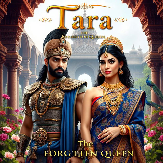 A captivating book cover titled 'Tara - The Forgotten Queen', showcasing a powerful male lead dressed in splendid ancient Indian warrior attire, complete with a richly decorated breastplate and elaborate armor, along with a regal turban adorned with jewels