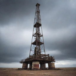 An old and sturdy oil rig, standing lonely under a sky filled with swirling, dusty clouds.